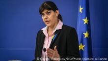 European Union's Chief Prosecutor Laura Codruta Kovesi during joint press conference with Bulgarian Prime Minister Petkov in Sofia, Bulgaria, 16 March 2022. (Photo by Georgi Paleykov/NurPhoto)