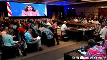 13.07.2022
US Vice-President Kamala Harris speaks via video-link to the Pacific Islands Forum (PIF) in Suva on July 13, 2022. (Photo by William WEST / AFP)