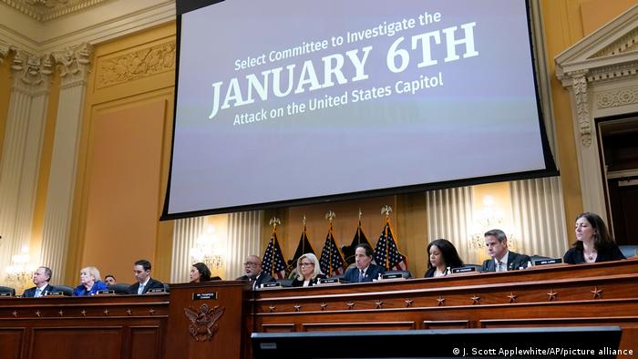 Congressional committee to investigate the January 6 attack on the US capitol gathered at a podium in February