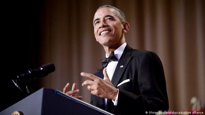 Barack Obama speaks during the White House Correspondents' Association annual dinner in 2016, standing at a podium.