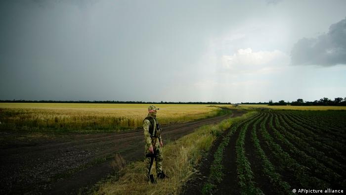 Российский военнослужащий рядом с пшеничным полем в Запорожской области Украины