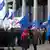 Флаги ЕС и Беларуси на акции протеста в центре Минска