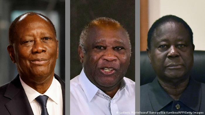 Trois photos montrent des portraits de Alassane Ouattara, Laurent Gbagbo et Henri Konan Bédié