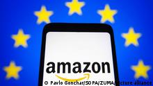 November 9, 2021, Ukraine: In this photo illustration, an Amazon logo is seen on a smartphone screen with the European Union (EU) flag in the background. (Credit Image: © Pavlo Gonchar/SOPA Images via ZUMA Press Wire