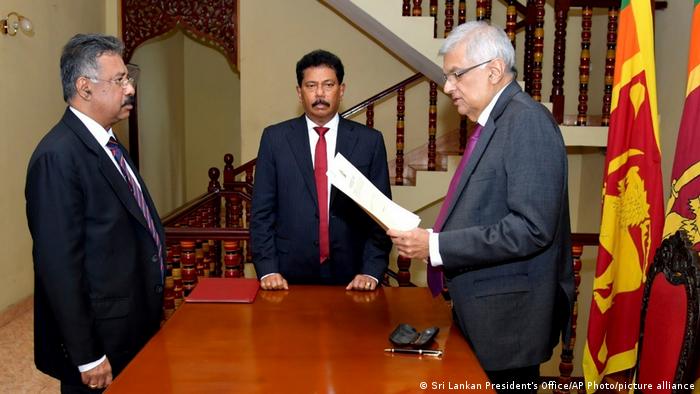  A picture of Ranil Wickremesinghe taking the oath as the interim President of Sri Lanka in Colombo on Friday, July 15, 2022.