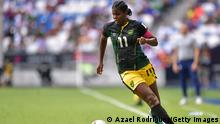 MONTERREY, MEXICO - JULY 07: Khadija Shaw of Jamaica drives the ball during the match between Jamaica and United States as part of the 2022 Concacaf W Championship at BBVA Stadium on July 07, 2022 in Monterrey, Mexico. (Photo by Azael Rodriguez/Getty Images)