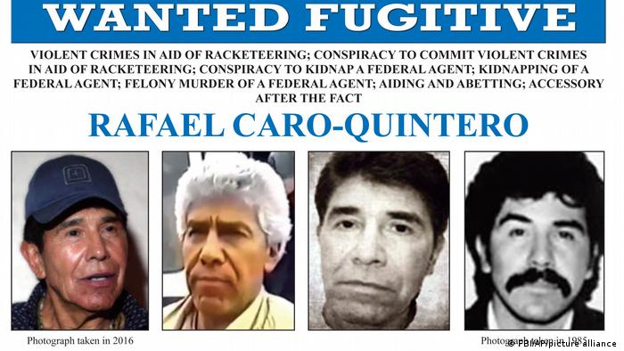 An FBI wanted poster for Rafael Caro Quintero featuring four old mugshots.