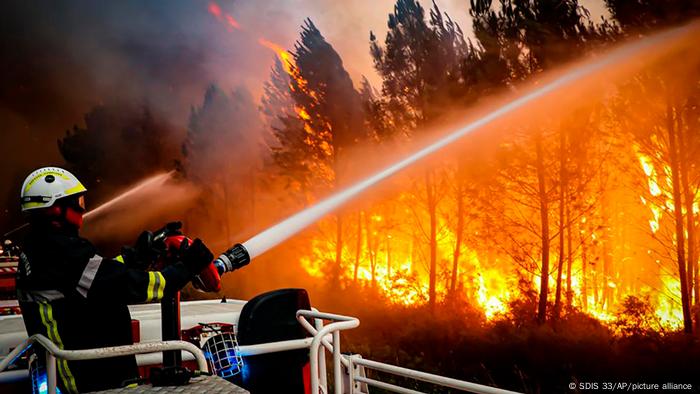 This photo by the fire brigade of the Gironde region (SDIS 33) shows firefighters using hose reel jets to fight a wildfire near Landiras in southwestern France.