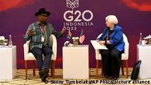U.S. Treasury Secretary Janet Yellen, right, talks with South African Finance Minister Enoch Godongwana during their bilateral meeting on the sidelines of the G20 Finance Ministers and Central Bank Governors Meeting in Nusa Dua, Bali, Indonesia, on Saturday, July 16, 2022. (Sonny Tumbelaka/Pool Photo via AP)