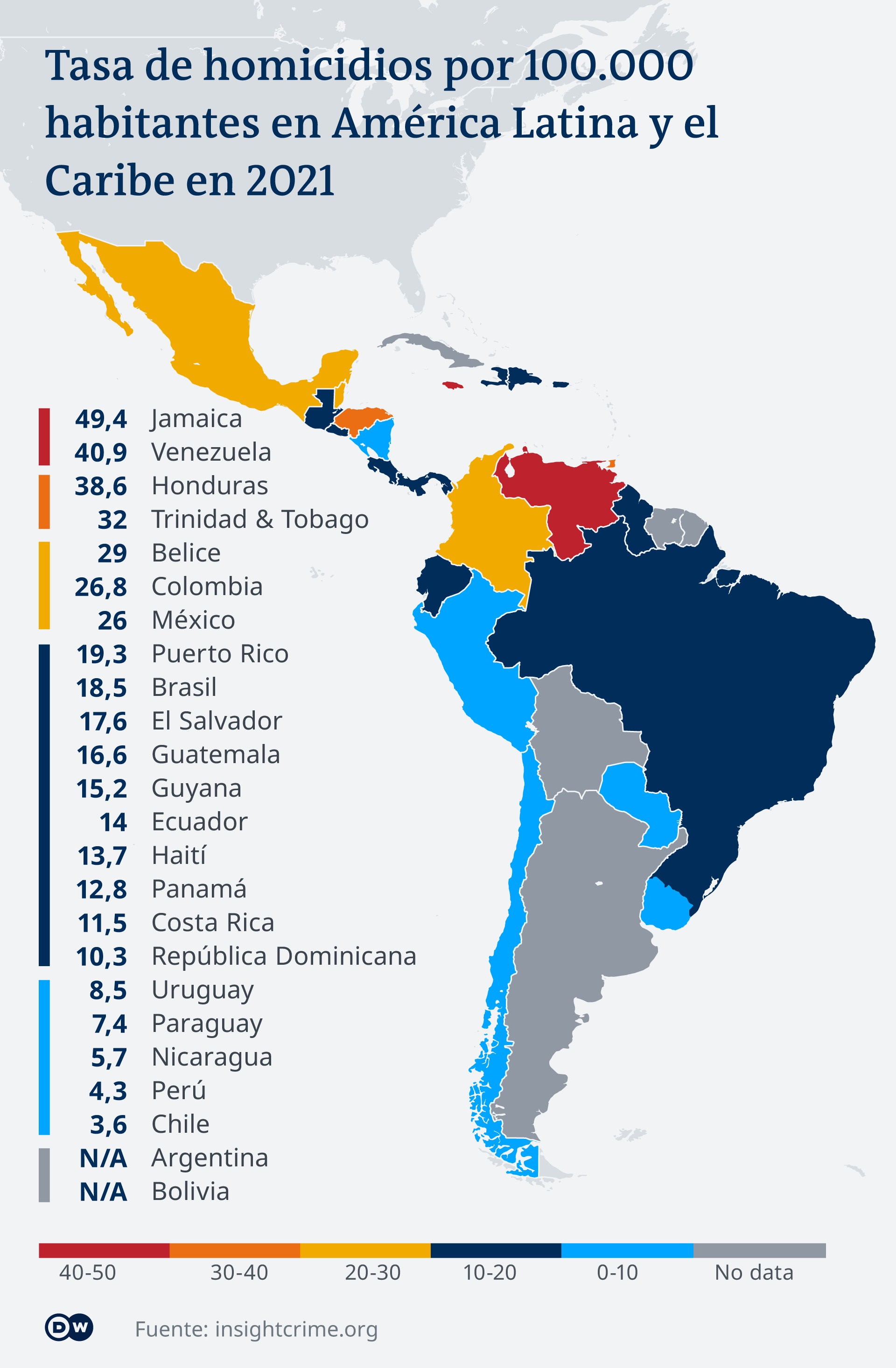 Infografik Karte Tötungsrate in Lateinamerika und der Karibik in 2021 ES