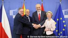 BRUSSELS, BELGIUM - JULY 19: European Commission President Ursula von der Leyen (R), Czech government of Prime Minister Petr Fiala (L), Albanian Prime Minister Edi Rama (2nd R) and North Macedonia Prime Minister Dimitar Kovacevski ( 2nd L) meet in Brussels, Belgium on JULY 19, 2022. Dursun Aydemir / Anadolu Agency