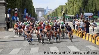 The riders get started along the Champs-Elysees in the 2016 Tour de France