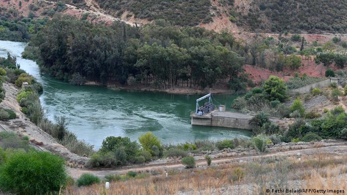 View of the Medjerda river flowing through the Sidi Salem dam in the northern Tunisian area of Testour, in the Beja province.