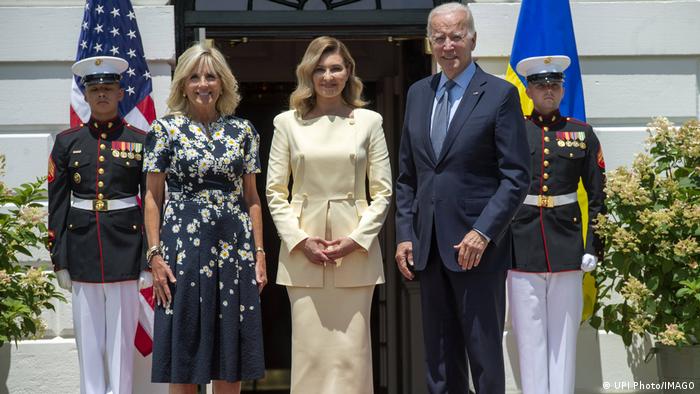First lady Jill Biden and President Joe Biden welcome the first lady of Ukraine Olena Zelenska