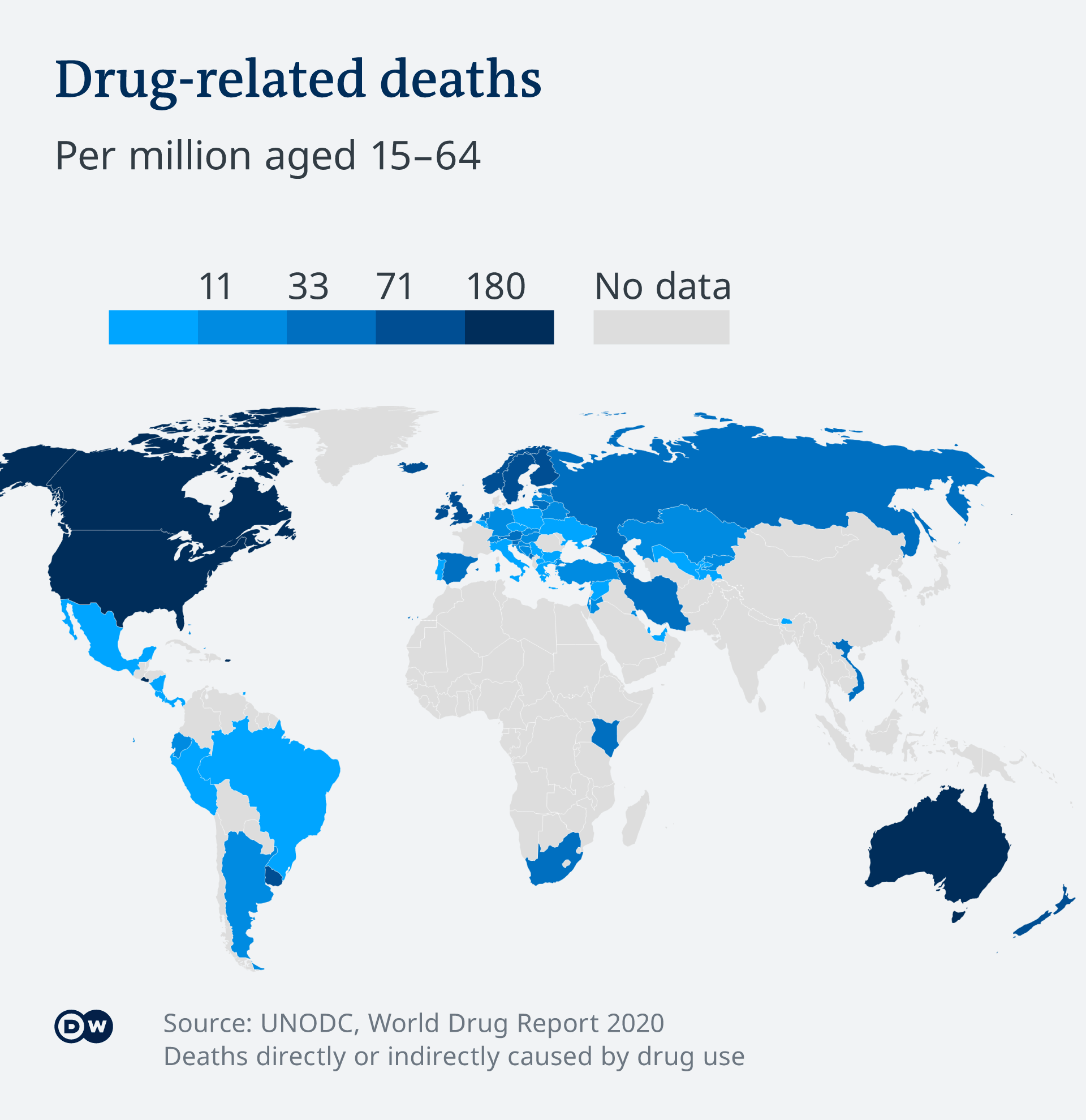 Map indicating drug-related deaths worldwide