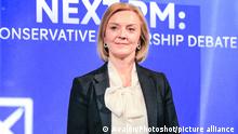 London, UK, 15th July, 2022. Liz Truss. All five Conservative Party Leadership Candidates, (left to right) Kemi Badenoch, Penny Mordaunt, Rishi Sunak, Liz Truss and Tom Tugendhat and candidates to become the next Prime Minister of the UK take part in a debate and q&a moderated by Krishan Guru-Murthy of Channel 4., Credit:Imageplotter / Avalon