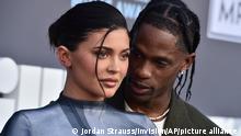 Kylie Jenner, left, and Travis Scott arrive at the Billboard Music Awards on Sunday, May 15, 2022, at the MGM Grand Garden Arena in Las Vegas. (Photo by Jordan Strauss/Invision/AP)