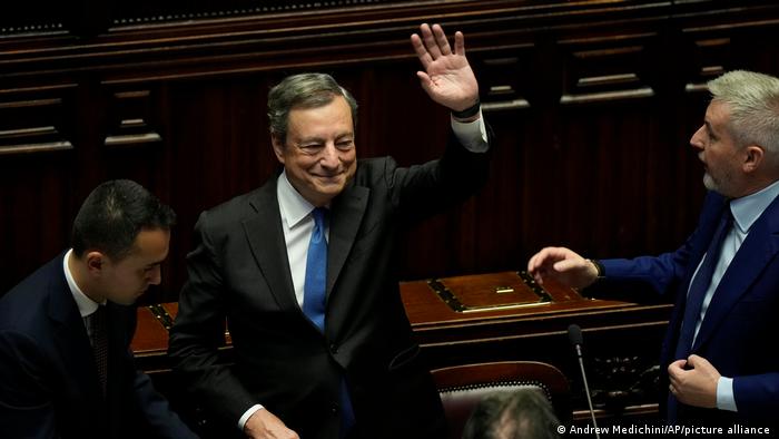 Draghi waves to lawmakers following his address in Rome