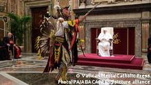 Pope Francis receiving a delegation of the Indigenous Peoples of Canada, in Vatican on April 1, 2022. Photo by Vatican Media/Catholic Press Photo/IPA/ABACAPRESS.COM