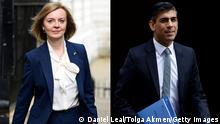 (COMBO) This combination of pictures created on July 12, 2022 shows Britain's Foreign Secretary Liz Truss (L) arriving to attend the weekly Cabinet meeting at 10 Downing Street, in London, on April 19, 2022 and Britain's Chancellor of the Exchequer Rishi Sunak leaving the 11 Downing Street, in London, on March 23, 2022. - Foreign Secretary Liz Truss and Former Finance minister Rishi Sunak are the final two candidates for the Tory party leadership run-off following a vote on July 20, 2022. (Photo by Daniel LEAL and Tolga Akmen / AFP) (Photo by DANIEL LEAL,TOLGA AKMEN/AFP via Getty Images)