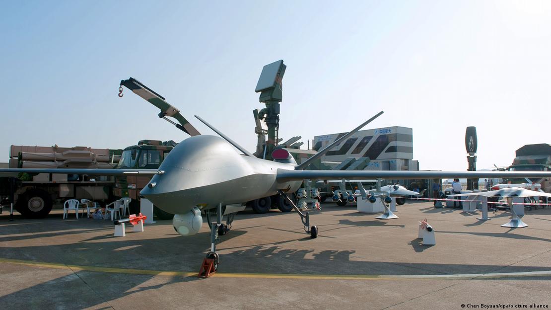 A Chinese-made drone and its compatible missiles on display during the 11th China International Aviation and Aerospace Exhibition.