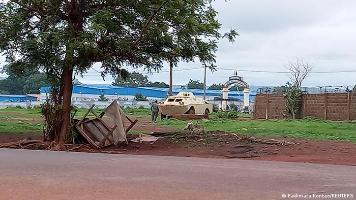 An armoured personnel carrier is seen at the main military base outside the capital Bamako after an attack on Friday