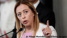 Italian politician, leader of Brothers of Italy (Fratelli d'Italia) party, Giorgia Meloni addresses the media following a meeting with the Italian President as part of a second round of consultations with political parties at the Quirinal presidential palace in Rome, on August 28, 2019. (Photo by Filippo MONTEFORTE / AFP) (Photo by FILIPPO MONTEFORTE/AFP via Getty Images)
