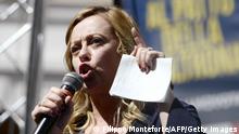 Head of the right-wing Brothers of Italy (Fratelli d'Italia) party, Giorgia Meloni speaks during a demonstration of Brothers of Italy and far-right Northern League (Lega Nord) party activists on September 9, 2019 during the new government confidence vote, outside the lower house of parliament in Rome. (Photo by Filippo MONTEFORTE / AFP) (Photo credit should read FILIPPO MONTEFORTE/AFP via Getty Images)