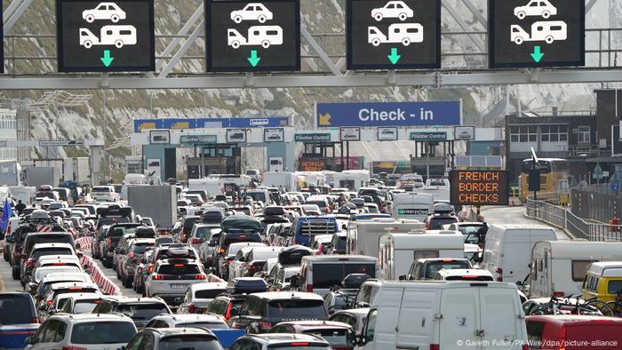 Cars standing in queues at the port in Dover