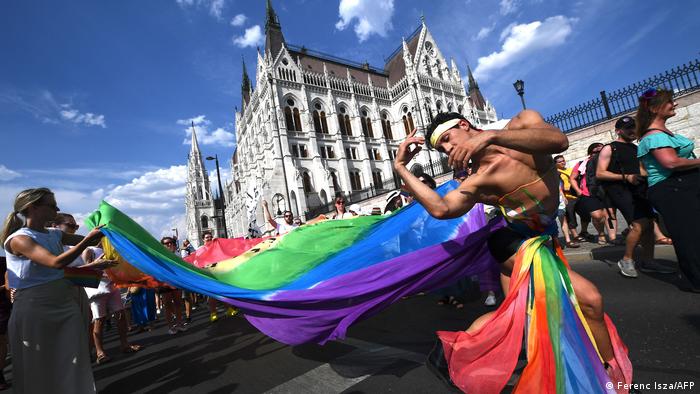 People take part in the LGBTIQA+ Pride Parade in Budapest on July 23, 2022