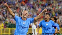GREEN BAY, WISCONSIN - JULY 23: Erling Haaland of Manchester City celebrates after scoring their team's first goal during the pre-season friendly match between Bayern Munich and Manchester City at Lambeau Field on July 23, 2022 in Green Bay, Wisconsin. Justin Casterline/Getty Images/AFP
== FOR NEWSPAPERS, INTERNET, TELCOS & TELEVISION USE ONLY ==