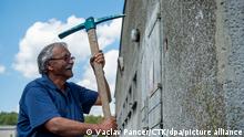 Roma Holocaust survivor Cenek Ruzicka attends start of demolition of former pig farm in Lety, situated on the site of a former wartime Roma internment camp, Czech Republic, on Friday, July 22, 2022. (CTK Photo/Vaclav Pancer)