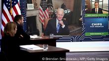 US President Joe Biden speaks virtually during a meeting with CEOs and labor leaders regarding the Chips Act, in the South Court Auditorium of the Eisenhower Executive Office Building, next to the White House, in Washington, DC, on July 25, 2022. (Photo by Brendan SMIALOWSKI / AFP) (Photo by BRENDAN SMIALOWSKI/AFP via Getty Images)