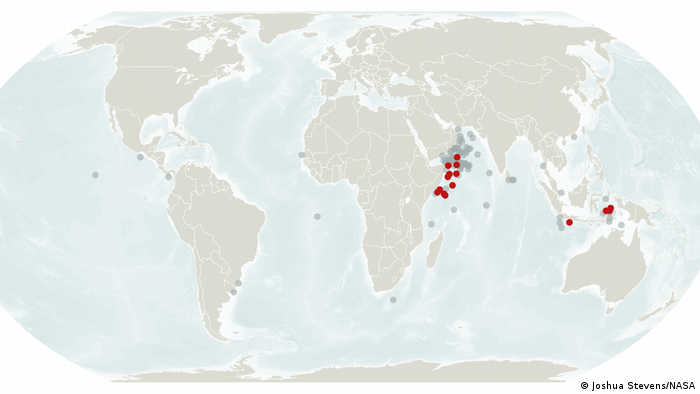 Lugares en los que se han avistado mares lechosos. En gris están marcadas las observaciones históricas. En rojo, las observaciones por satélite. 