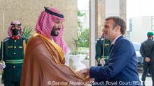 FILE PHOTO: Saudi Crown Prince, Mohammed bin Salman receives French President Emmanuel Macron in Jeddah, Saudi Arabia, December 4, 2021. Bandar Algaloud/Courtesy of Saudi Royal Court/Handout via REUTERS ATTENTION EDITORS - THIS PICTURE WAS PROVIDED BY A THIRD PARTY/File Photo