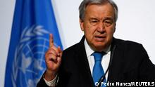 FILE PHOTO: UN Secretary-General Antonio Guterres gestures while speaking during the opening of the 2022 UN Ocean Conference in Lisbon, Portugal, June 27, 2022. REUTERS/Pedro Nunes/File Photo