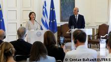 Greek Foreign Minister Nikos Dendias and his German counterpart Annalena Baerbock attend a news conference following a meeting at the Ministry of Foreign Affairs in Athens, Greece, July 29, 2022. REUTERS/Costas Baltas