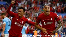 Soccer Football - Community Shield - Liverpool v Manchester City - King Power Stadium, Leicester, Britain - July 30, 2022
Liverpool's Darwin Nunez celebrates scoring their third goal with Fabio Carvalho Action Images via Reuters/Andrew Boyers