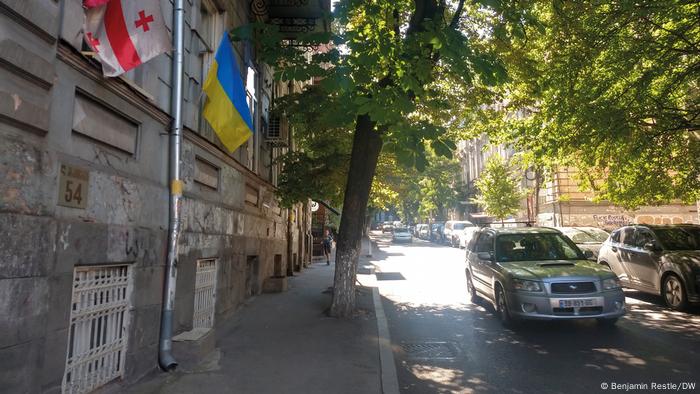 A Georgian and Ukrainian flag hang side by side in in the Georgian capital Tbilisi.