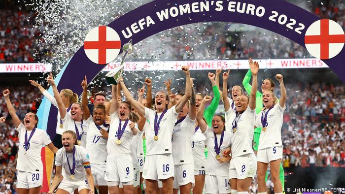 England's players lift the trophy after winning Euro 2022