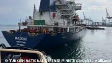 ODESSA, UKRAINE - AUGUST 01: (----EDITORIAL USE ONLY Äì MANDATORY CREDIT - TURKISH NATIONAL DEFENSE MINISTRY/ HANDOUT - NO MARKETING NO ADVERTISING CAMPAIGNS - DISTRIBUTED AS A SERVICE TO CLIENTS----) Sierra Leone-flagged dry cargo ship Razoni departs from port of Odesa in Odessa, Ukraine on August 01, 2022 as part of a recent grain export deal signed between Turkiye, the UN, Russia, and Ukraine and expected to reach Istanbul tomorrow. TURKISH NATIONAL DEFENSE MINISTRY / Anadolu Agency