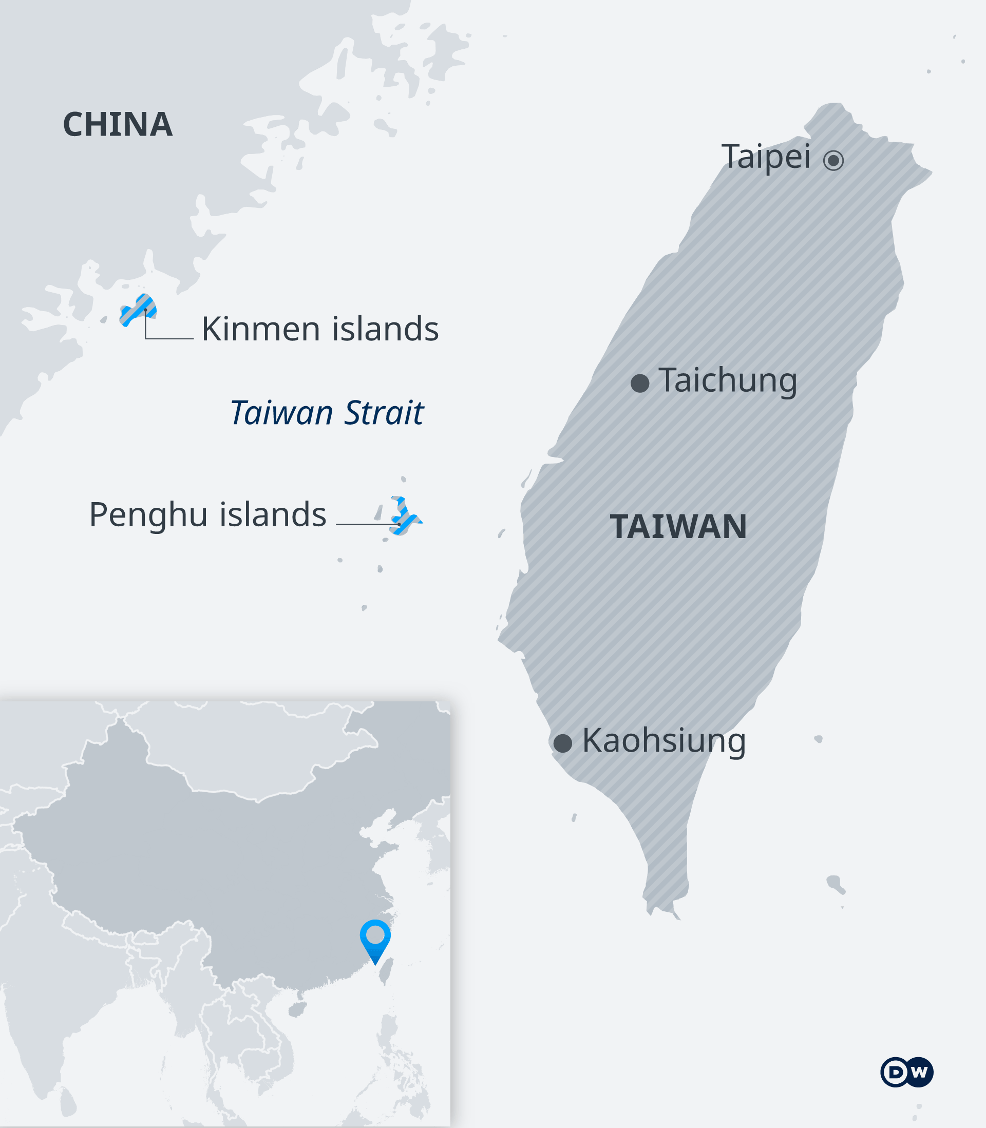 A map of the Taiwan Strait, showing the island of Taiwan and the eastern coast of China