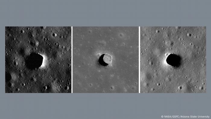 La Cámara del Orbitador de Reconocimiento Lunar de la NASA ha tomado imágenes de la fosa de Marius Hills tres veces, cada una de ellas con una iluminación muy diferente. El panel central, con el Sol en lo alto, ofrece a los científicos una gran vista del suelo de la fosa de Marius Hills. La fosa de Marius tiene unos 34 metros de profundidad y 65 por 90 metros de ancho.