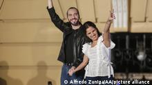 MORAZAN, EL SALVADOR - FEBRUARY 03 : El Salvador presidential candidate Nayib Bukele (L) of the Great National Alliance (GANA), his wife Gabriela Rodriguez (R) celebrate after winning the presidential elections in Plaza Morazan, San Salvador on February 3, 2019. - Nayib Bukele, the popular former mayor of San Salvador, claimed victory on February 3 in the Central American country's presidential elections. Alfredo Zuniga / Anadolu Agency