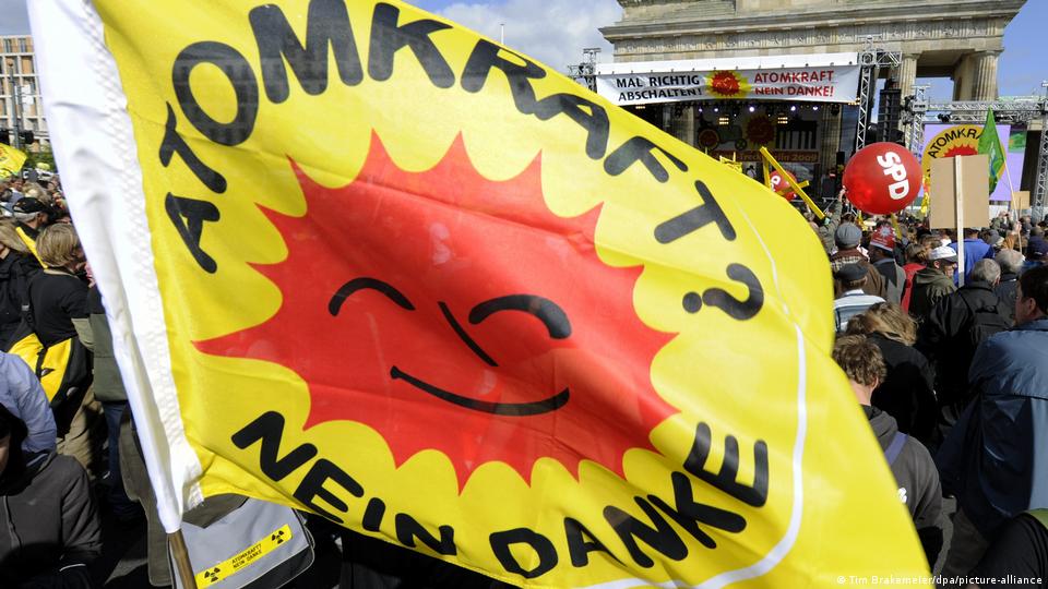 Anti-nuclear protesters in Germany holding up a flag with the slogan 