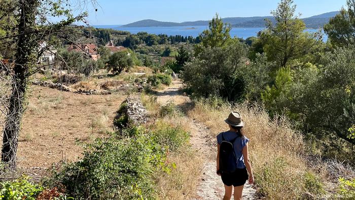 The author is walking down a dirt road to the sea.