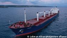 ISTANBUL, TURKIYE - AUGUST 03: An aerial view of Sierra Leone-flagged dry cargo ship Razoni, carrying a cargo of 26,527 tons of corn, departed from the port of Odessa arrives at the Black Sea entrance of the Bosphorus Strait, in Istanbul, Turkiye on August 03, 2022. Preparations and planning of the ships carrying grain and other relevant foodstuffs from three Ukrainian ports are currently underway, said an official from the Joint Coordination Center (JCC) in Istanbul on Tuesday. Turkiye, the UN, Russia, and Ukraine signed a deal on July 22 to reopen three Ukrainian ports -- Odessa, Chernomorsk, and Yuzhny -- for grain that has been stuck for months because of the ongoing Russia-Ukraine war, which is now in its sixth month. Lokman Akkaya / Anadolu Agency