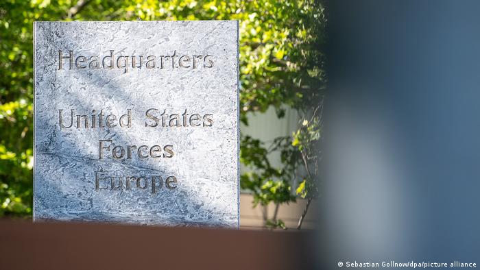 A stone tablet engraved with the words Headquarters United States Forces Europe