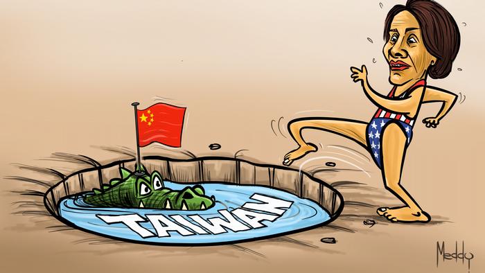 Cartoon of Nancy Pelosi stepping into a pond with the word 'Taiwan' and an alligator with a Chinese flag