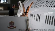 U.S. Secretary of State Antony Blinken departs from Abu Dhabi in the United Arab Emirates, Monday May 16, 2022. (Kevin Lamarque/Pool via AP)